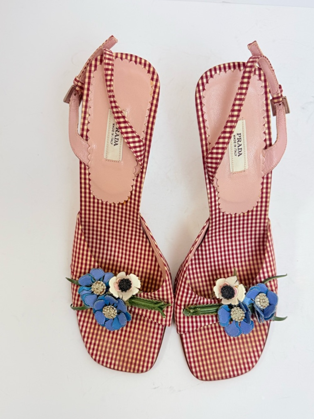 Prada Vintage 2000s Gingham Floral Appliqué Slingback Heels 37.5 Red Kitten Heel - Picture 3 of 10